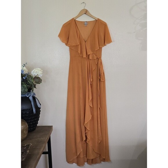 ASOS Formal Maxi Dress Womens Size 6 Faux Wrap Orange Flutter Sleeves Cape - Picture 2 of 11